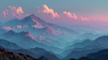 Pastel-colored layered mountain, texture like oil painting, soft gradient sky.