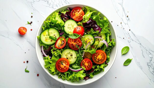 A vibrant and refreshing garden salad filled with fresh lettuce, sliced cucumbers, cherry tomatoes, and red onion, presented in a white bowl.