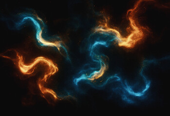 Abstract cosmic smoke swirl in electric blue and warm orange tones, depicting dynamic energy flow, mist, and fluid motion for technology, science, innovation, and branding visuals