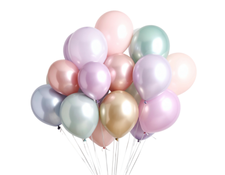 Pearlescent pastel balloons gather, floating in soft, ethereal light