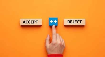 Finger pressing a blue button with arrows indicating choice between accept and reject on orange background