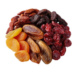 Assorted dried fruits and nuts. A top-down view of a mix of dried fruits and nuts, including apricots, dates, raisins, cranberries, and possibly almonds or other nuts.  