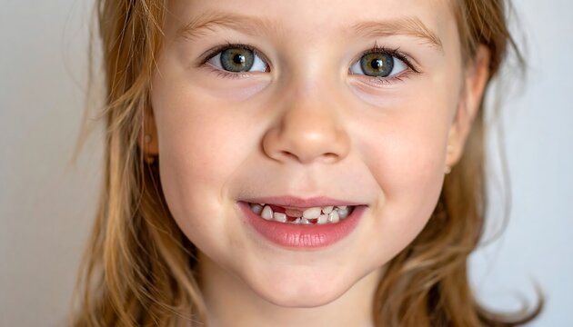 Girl's cheerful face, smiling with a gap in her teeth, featuring green eyes and light brown hair