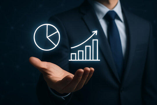 Business analysis concept with glowing pie chart and bar graph icons representing growth strategy and corporate success - Powered by Adobe