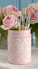 Pastel Pink Paintbrush Holder with Roses