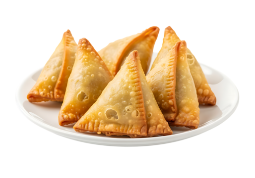 Plate of golden brown crispy samosas served on a white dish isolated on transparent background