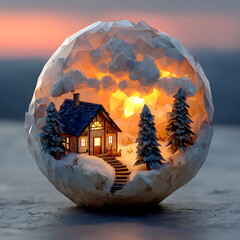 Transparent glass sphere containing minimalist snowy landscape with small house and pine trees in low-poly style.