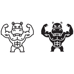 Fototapeta premium Muscular Cartoon Hippopotamus Flexing Biceps