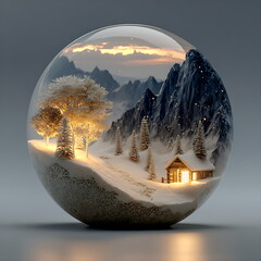 Transparent glass sphere containing minimalist snowy landscape with small house and pine trees in low-poly style.