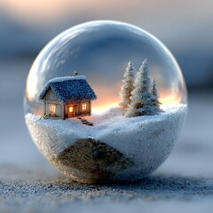 Transparent glass sphere containing minimalist snowy landscape with small house and pine trees in low-poly style.