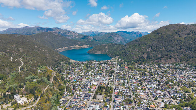 Aerial view of the city of "San Martin de los Andes", Neuquen, Argentina. (Route of the 7 Lakes)