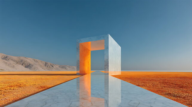 Transparent cube architecture in the middle of an orange desert, sunlight passing through glass, minimalist symmetrical shadows.