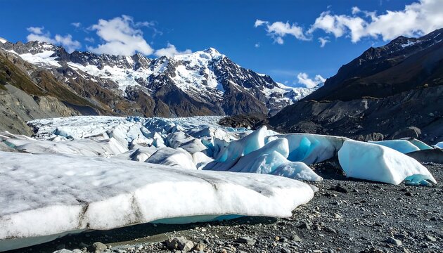 Glacier ice flows amidst snowy mountain peaks under a sunny, cloudy sky. Cool blues contrast with rocky, gray textures