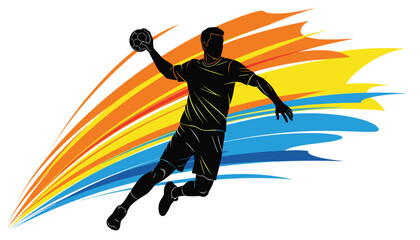 Fototapeta premium Handball Player Mid-Shot Silhouette: Dynamic Action with Vibrant Orange, Yellow, and Blue Speed Streaks, High-Energy Sports Vector Illustration 