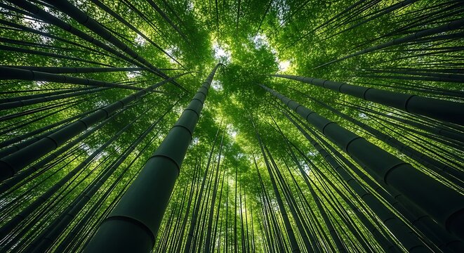 Looking up through tall green bamboo forest canopy