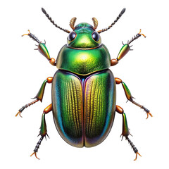 Detailed macro photograph of a vibrant green and gold metallic beetle isolated on transparent background