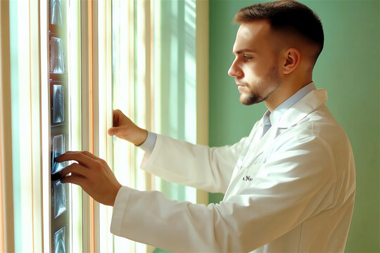 Male doctor in a white coat reviewing medical scans on a digital tablet in a well-lit room. Health technology and modern diagnostics concept with ample copy space.