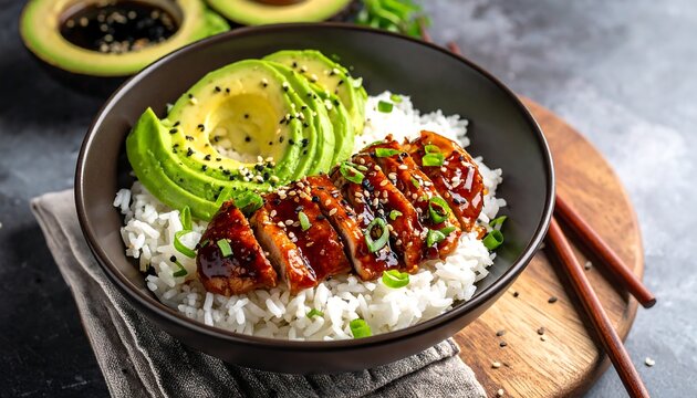 Glazed meat slices with avocado and rice in a dark bowl on a grey surface, plus chopsticks and sauce nearby