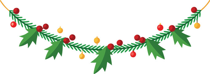 Adobe Illustrator Artwork  Christmas garlands and fir branches. Christmas decoration with pine cones, holly berries, glowing lights, ribbons. For holiday banners, cards, party posters. Transparent bac