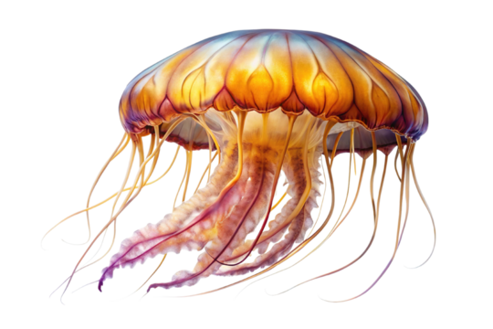 Vibrant orange and purple jellyfish with delicate tentacles floating gracefully isolated on transparent background