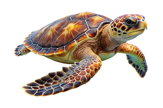 Detailed close up of a vibrant sea turtle swimming gracefully isolated on transparent background