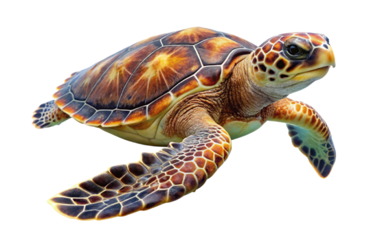 Detailed close up of a vibrant sea turtle swimming gracefully isolated on transparent background