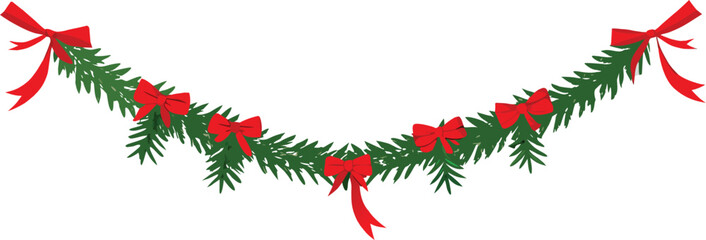 Adobe Illustrator Artwork  Christmas garlands and fir branches. Christmas decoration with pine cones, holly berries, glowing lights, ribbons. For holiday banners, cards, party posters. Transparent bac