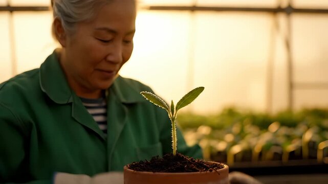 woman gardener plants seedling in pot. soil and glove meet plant. greenhouse structure bathes seedling in sunlight supporting growth. senior gardener tends young plant with careful hands daily.