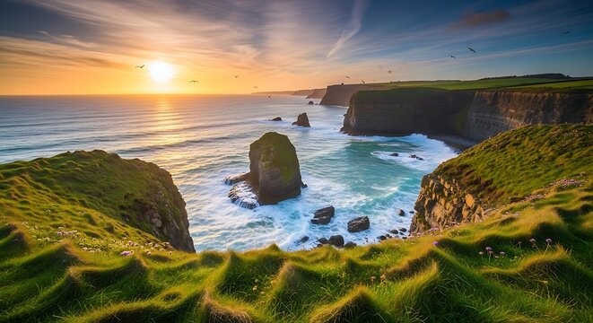 Dramatic sunset over rugged coastal cliffs and sea stacks