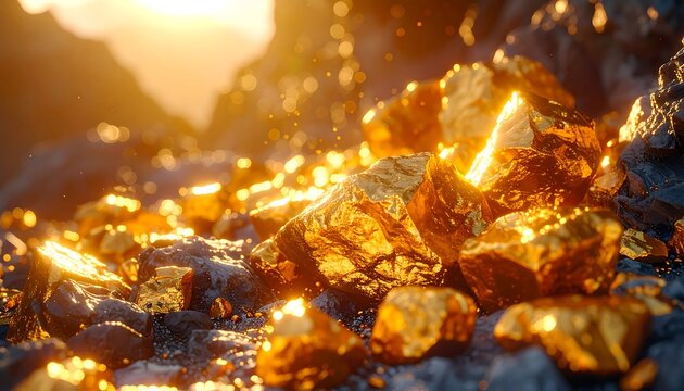 Gleaming gold nuggets heap amidst dark stones, bathed in a warm sunset light against a blurred mountain background