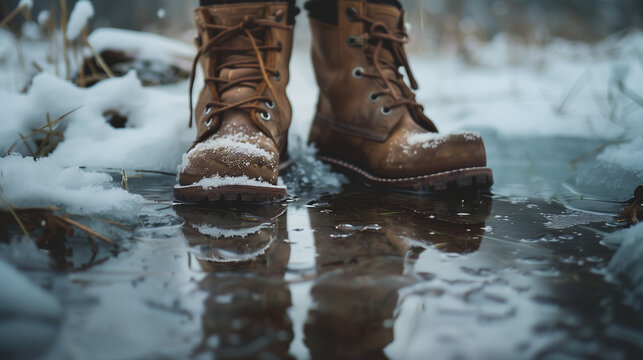 Man's brown boots standing in water on snowy ground  