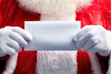 Santa holding a blank Christmas envelope in white gloves
