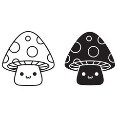 Cute Cartoon Mushroom Duo, Black and White Outline and Silhouette Styles