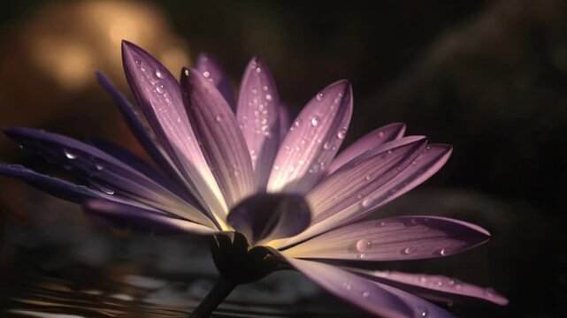 Delicate violet water lily with droplet detail reflecting in calm, dark pool water, creating