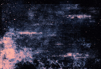 Abstract cosmic texture featuring a dark starry space background with pink nebula-like splashes, grainy retro grunge elements, and subtle light specks for dramatic visual impact