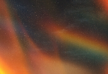 Fototapeta premium Long exposure night sky with vibrant aurora borealis ribbons sweeping across a starry horizon, warm orange foreground glow, and a magical celestial atmosphere