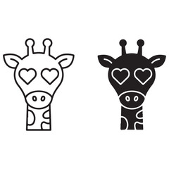 Cute Giraffe Head with Heart Eyes Outline and Silhouette Illustration