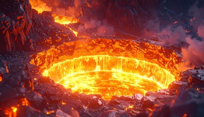 Glowing hot lava pool amidst rocky, volcanic terrain with steaming vapor rising in an extreme environment