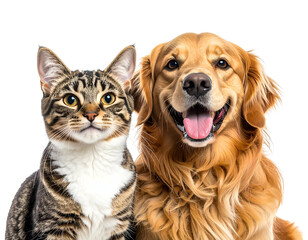 Two adorable pets, a cat and a golden dog, close together, smiling