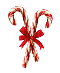 Two candy canes intertwined, topped with a red ribbon bow