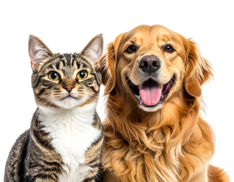 Two adorable pets, a cat and a golden dog, close together, smiling