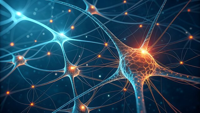 Abstract Neural Network Displaying Luminous Interconnected Neurons
