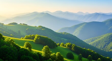 Lush green mountain landscape at sunrise