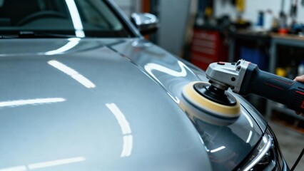 Car detailing with polishing machine in an auto repair workshop.