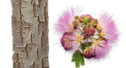 Naklejka premium Mimosa tree bark and pink flower close up