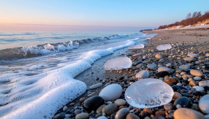 Icy Waves Crashing on Rocky Beach at Sunset, Coastal Scene.