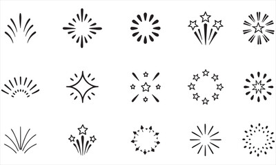Hand Drawn Firework Doodles: Black White Starburst Icons, Minimal Sparkle Graphics