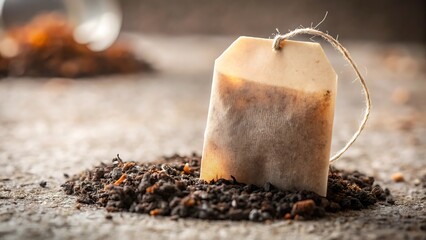 Loose leaf tea and tea bag on rustic surface