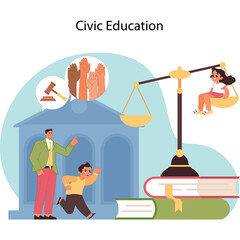 Civic Education Concept Illustration of Diverse People Learning About Justice and Law with Scales of Justice and Government Building Background