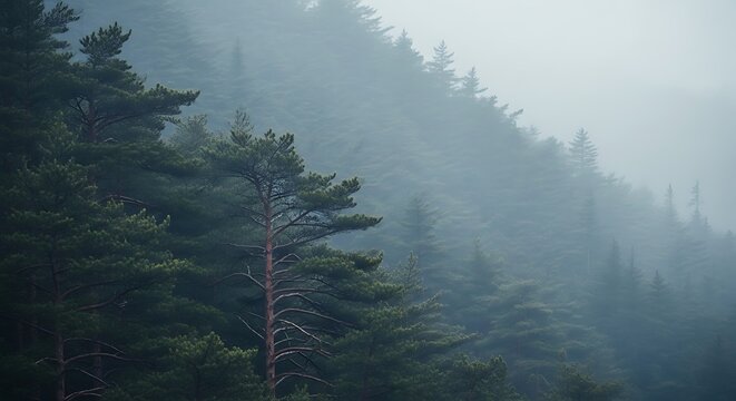 Misty forest landscape with evergreen trees - Powered by Adobe